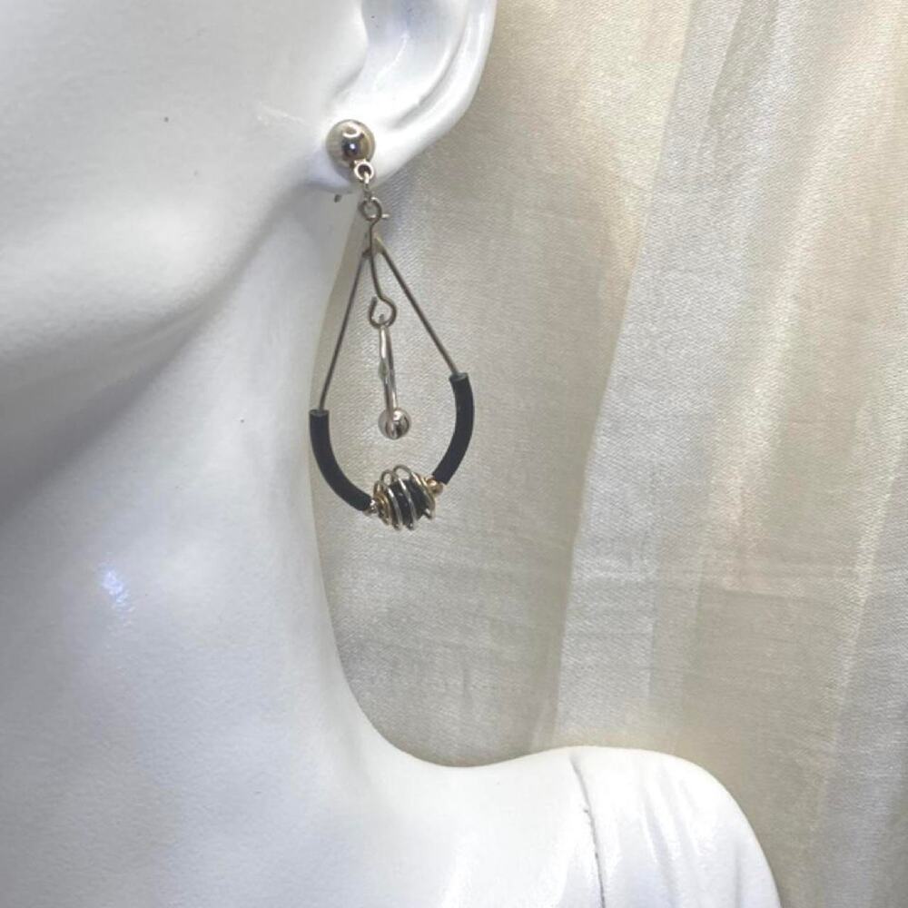 Vintage 80s Modernist Geometric Dangle Earrings Black Silver Kinetic Drop